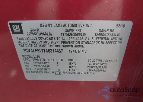 2010 Chevrolet Equinox Ltz z USA, uszkodzony, nr VIN 2CNALFEW7A6314437